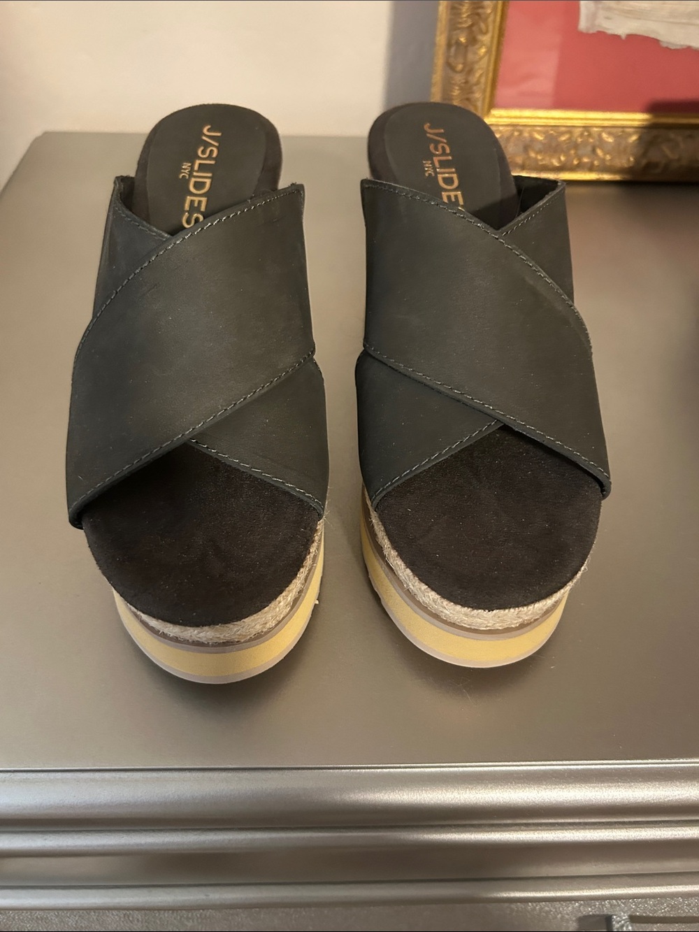 J/SLIDES Black Crossband Platform Mules